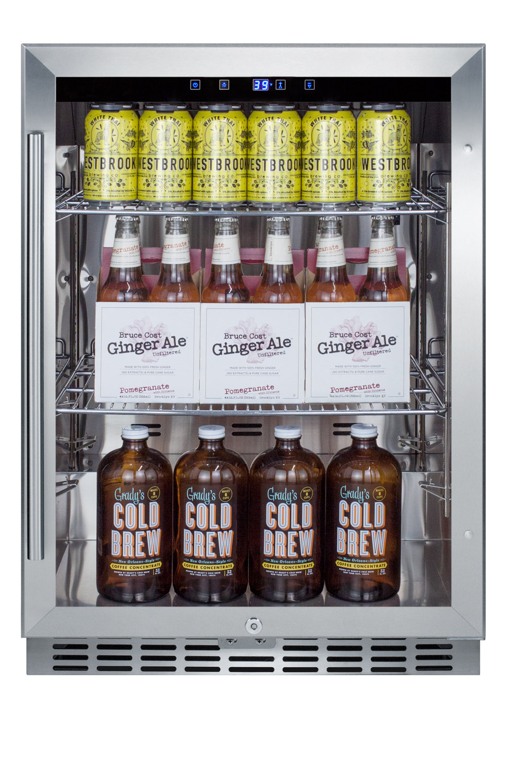 Outdoor built-in undercounter commercial glass door beverage center designed for the display and refrigeration of beverages and sealed food, with stainless steel interior and exterior cabinet